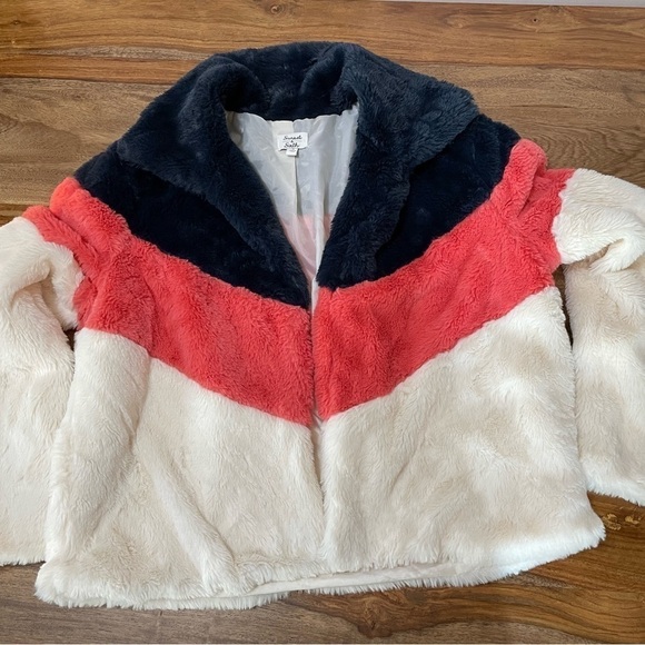 Sunset & Sixth Faux Fur Retro Color Block Teddy Jacket Blue Pink Cream sz S - Picture 5 of 13